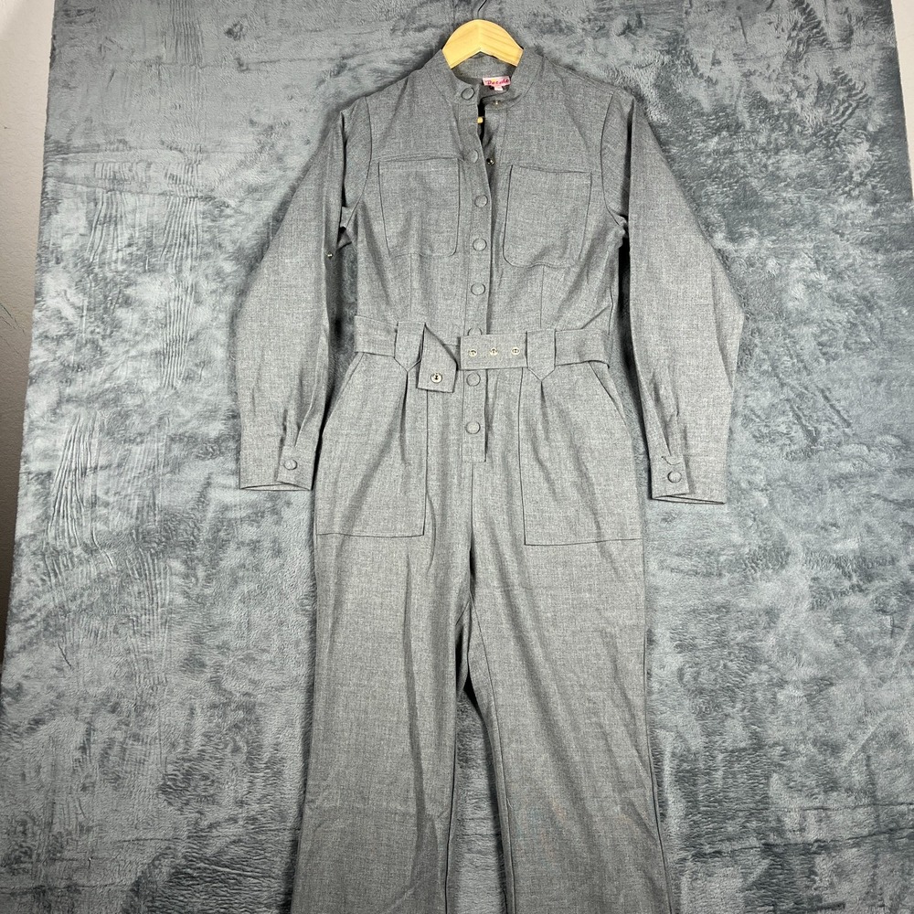 Petalo Jumpsuit Women Small Gray Long Sleeve Belted Waist Bootcut Leg Snap Front